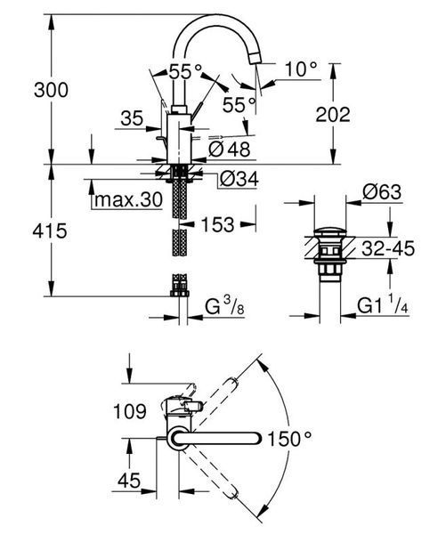 Grohe Eurosmart Cosmopolitan Одноважільний змішувач для раковини L-Size нажимний донний клапан (23933001) 23933001 фото
