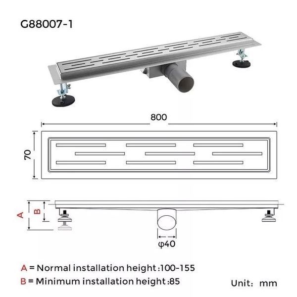 Душовий трап GAPPO G88007-1, 70х800 мм, нержавіюча сталь 1042954 фото