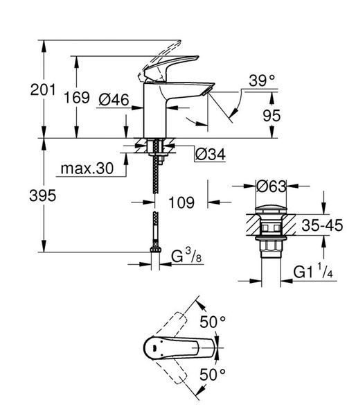 Grohe Eurosmart New Одноважільний змішувач для раковини S-Size + натискний донний клапан (23922003) 23922003 фото