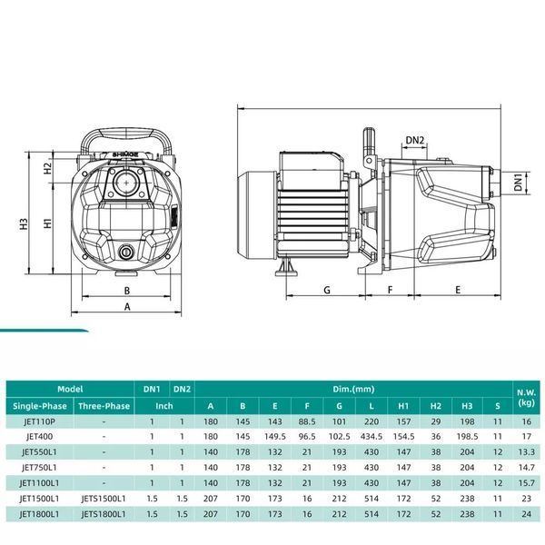 Насос відцентровий SHIMGE JET1800L (1.8 кВт, Нmax 62 м, Qmax 100 л/хв) 1046146 фото
