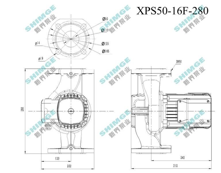 Насос циркуляційний SHIMGE XPS50-16F-280 380В мок. ротор 1,3 кВт Hmax 17м Qmax 330л/хв DN50 280мм+фл. 1048173 фото
