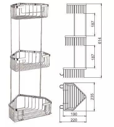 Полиця кутова Frap F351-2, 3-х ярусна, 240х570 мм, нержавіюча сталь, хром 1040806 фото